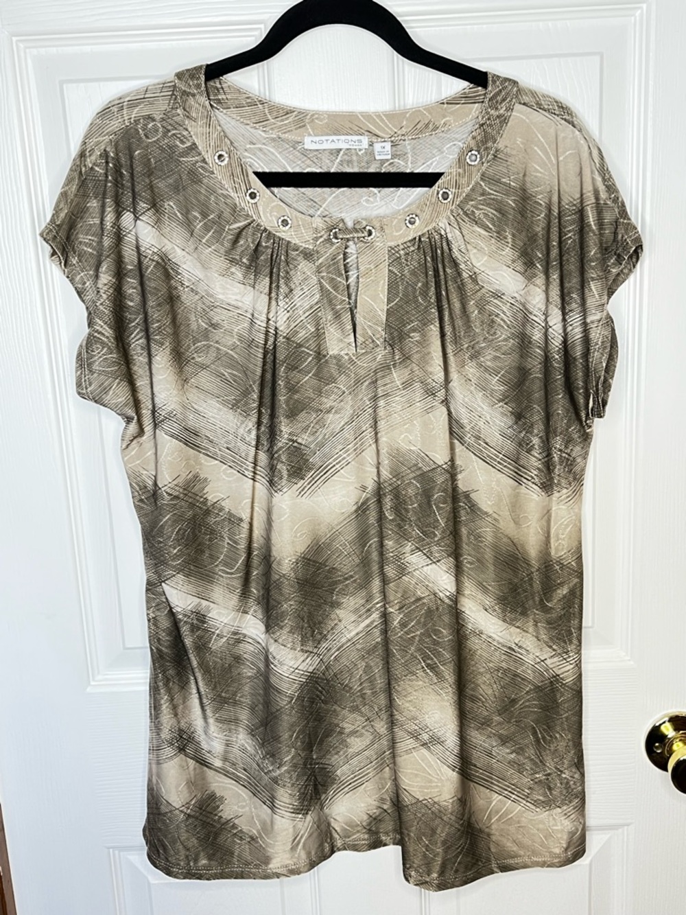 Notations Woman Embellished Grommet Blouse Taupe Brown 1X